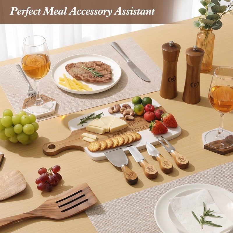 Grajar Luxury Kitchen Gift Set for Housewarming – Marble Cheese Board, Acacia Wooden Grinders, Cheese Knives & Utensils, Coaster Set – Elegant Charcuterie & Cooking Gift Box for Women, Couples, New Home - Image 4
